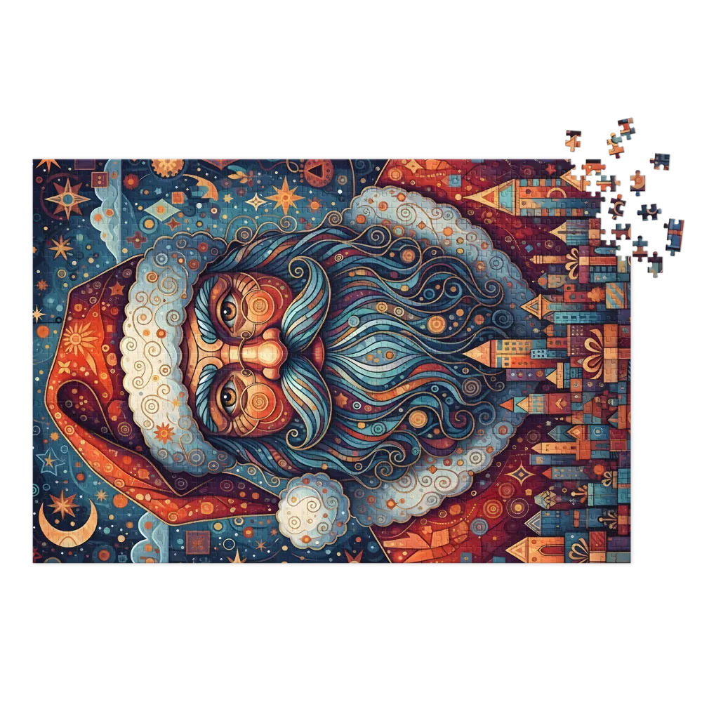 Stained Glass Santa 
 Jigsaw Puzzle in Tin Box