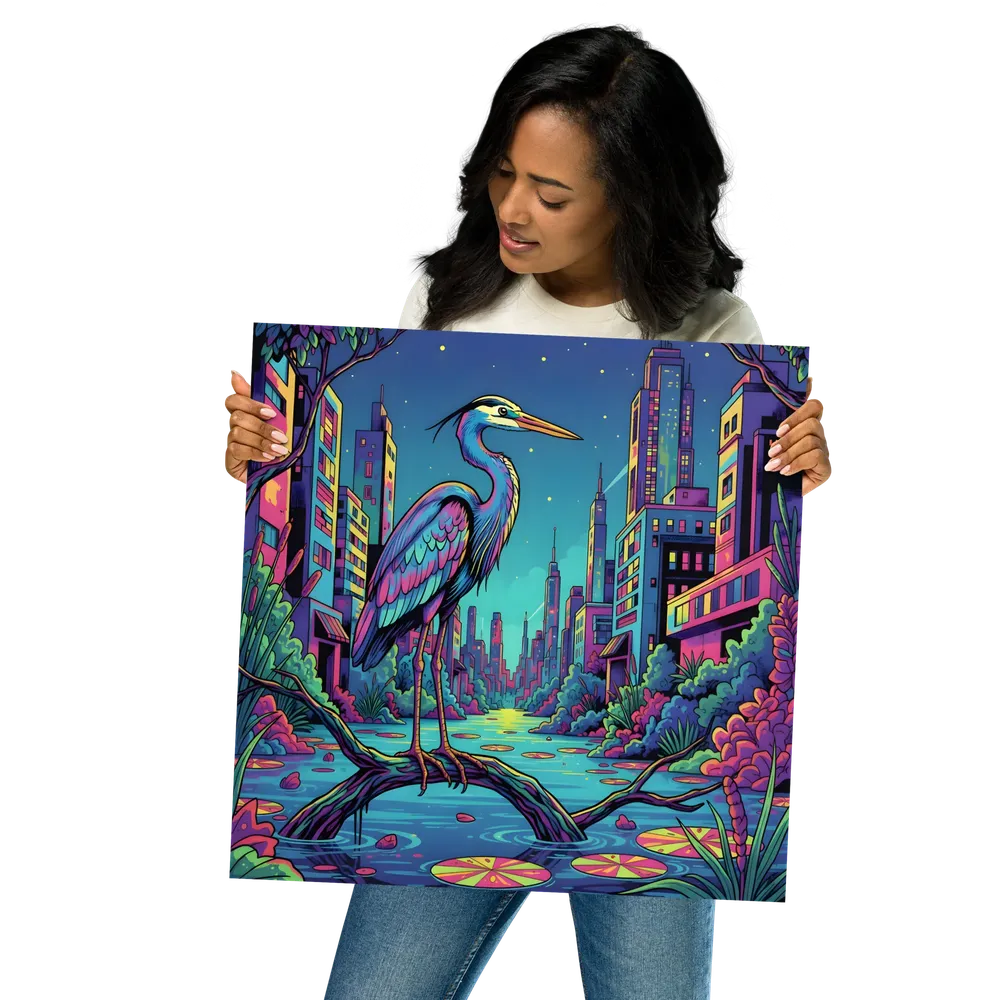 Neon Heron - Urban Twilight 
 Poster | 18″x 18″