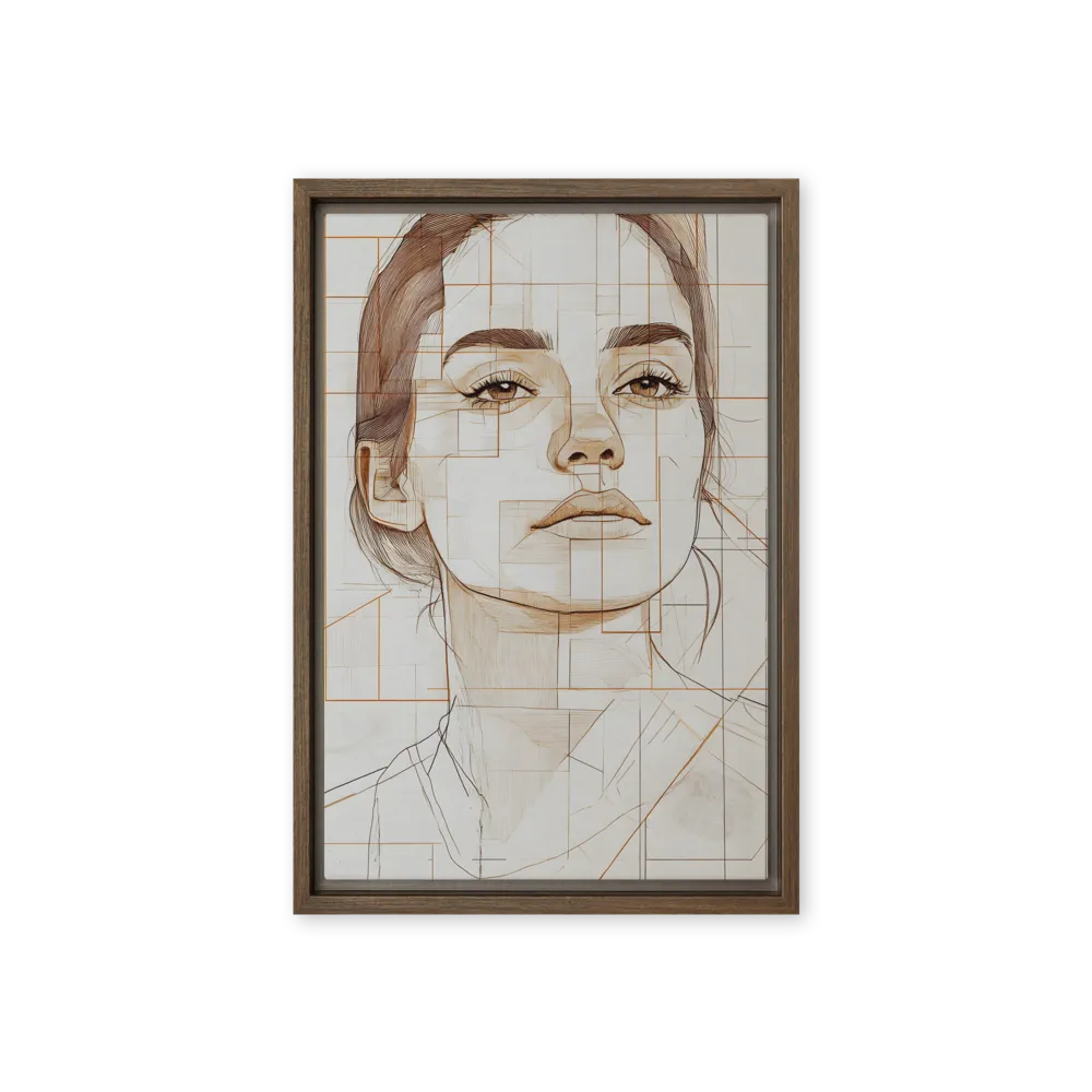 Geometric Serenity: A Minimalist Portrait | Canvas with Brown Frame | 12″×18″