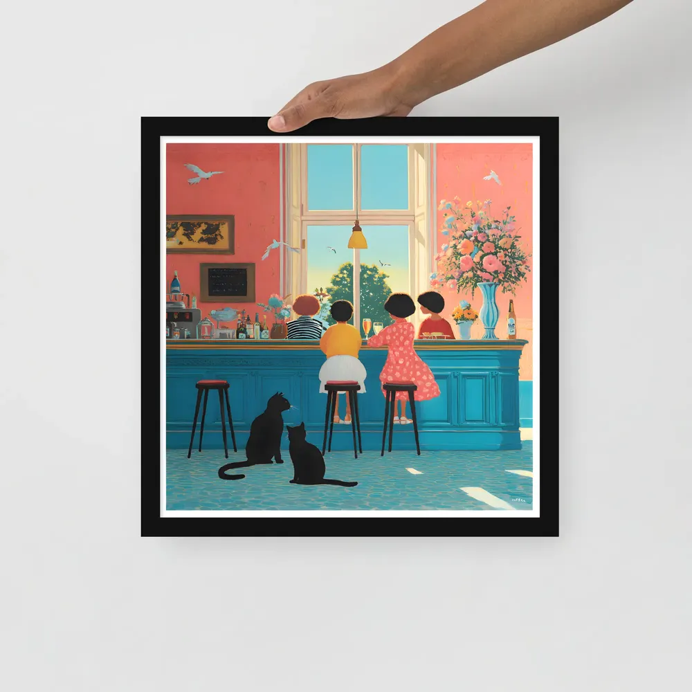Sunlit Café Counter 
 Poster with Black Frame | 16″x 16″