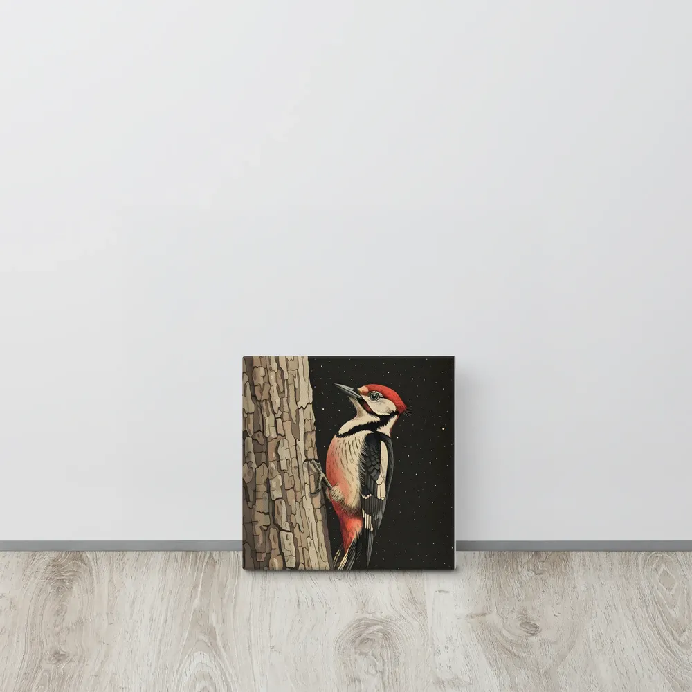Woodpecker on Bark 
 Canvas | 10″x 10″