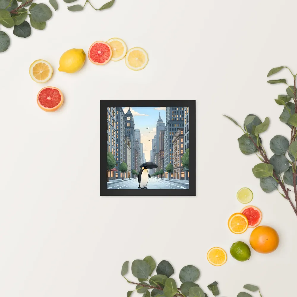 Penguin in the City 
 Poster with Black Frame | 10″x 10″
