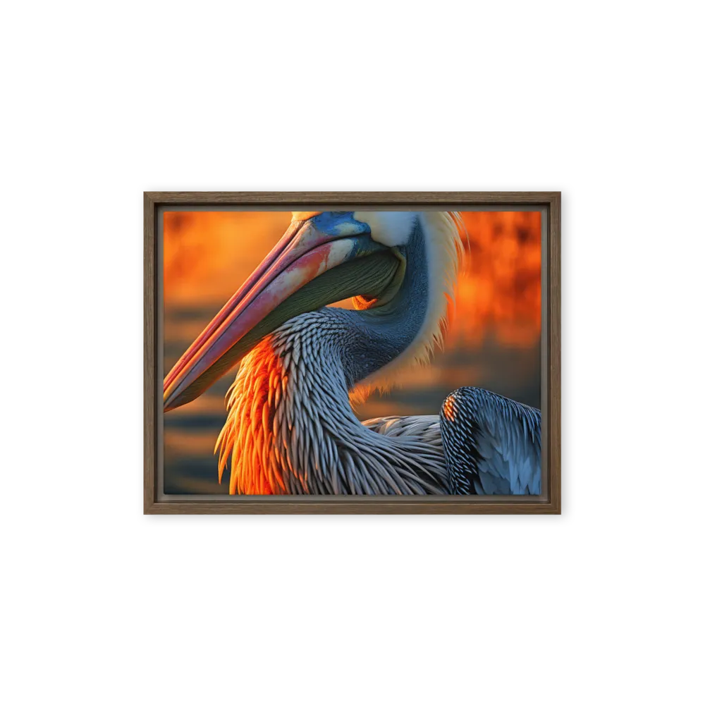 Elegance of the Pelican at Sunset | Canvas with Brown Frame | 12″×16″
