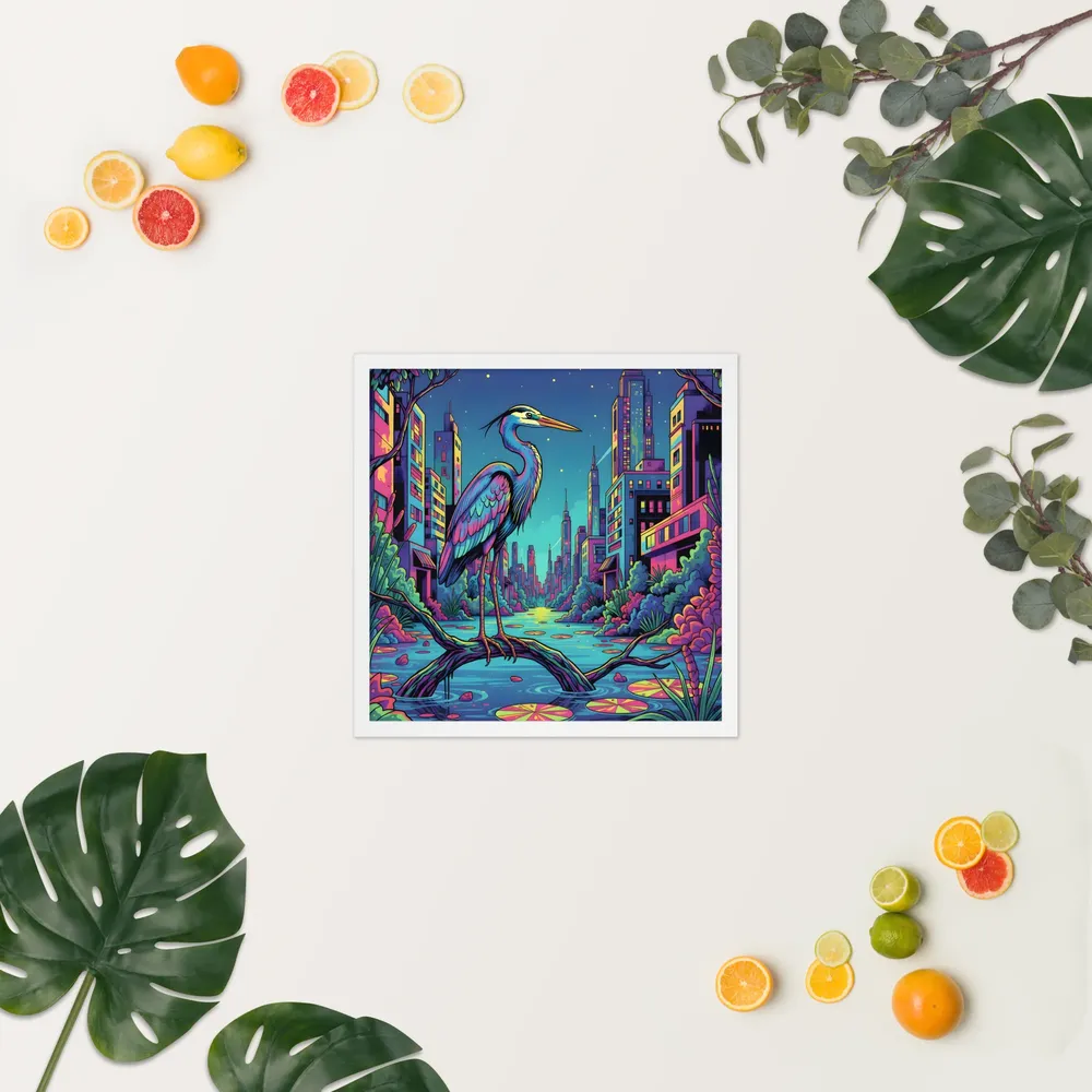 Neon Heron - Urban Twilight 
 Poster with White Frame | 18″x 18″