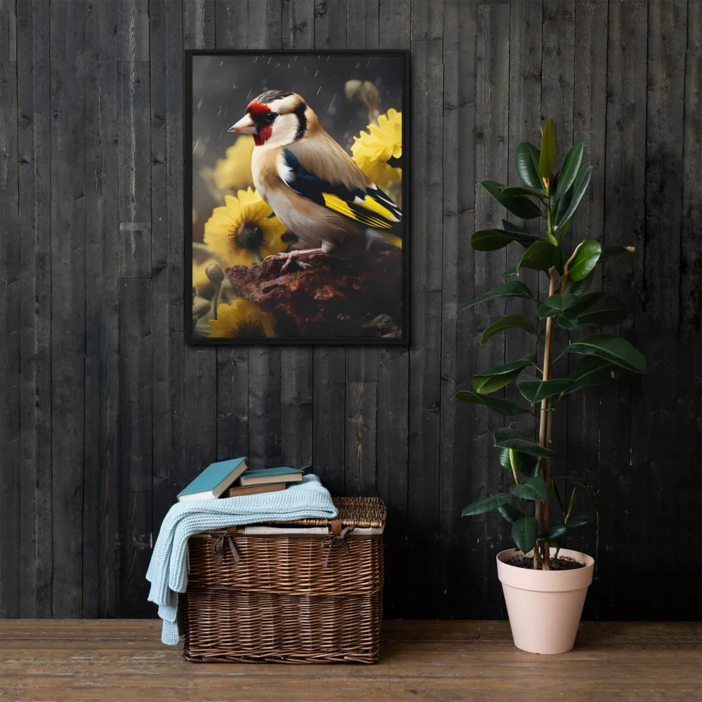 Harmony in Nature: A Goldfinch Amidst Blooms | Canvas with Black Frame | 24″×32″