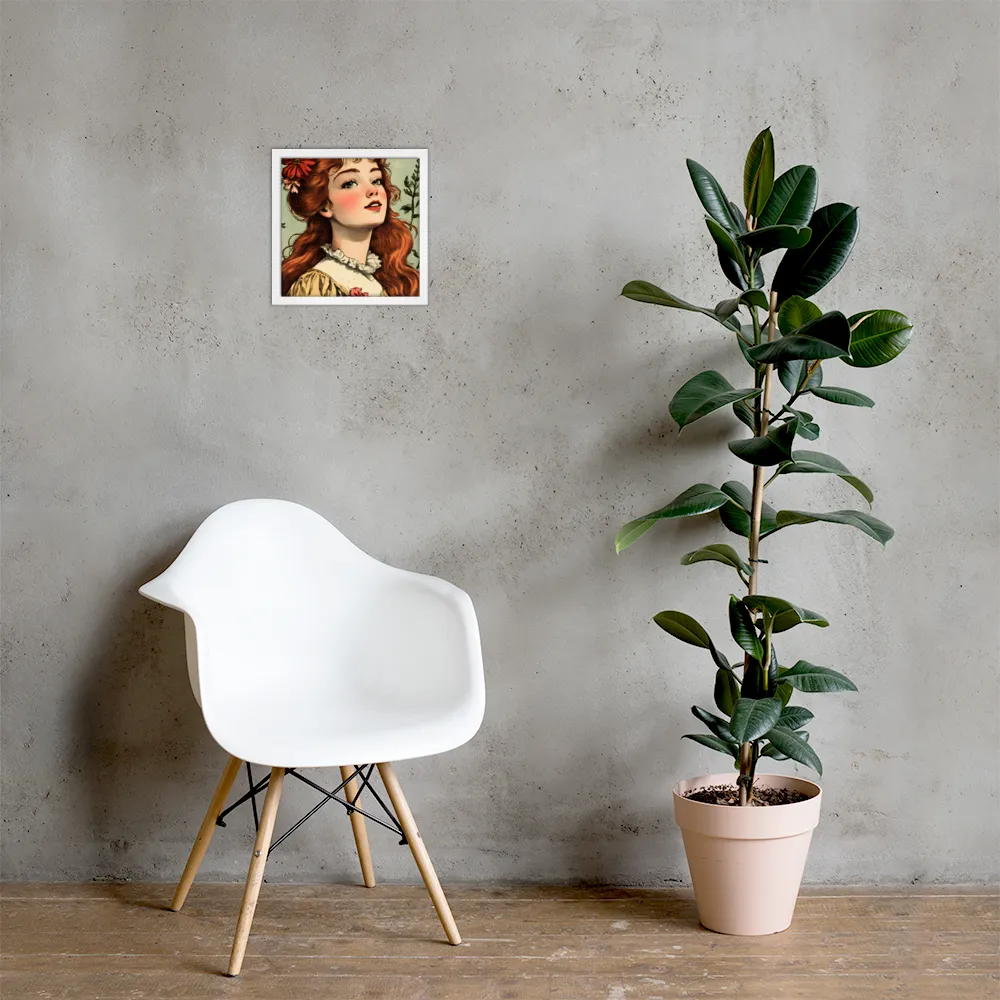 Whimsical Portrait of a Flower-Adorned Girl | Poster with White Frame | 12″×12″