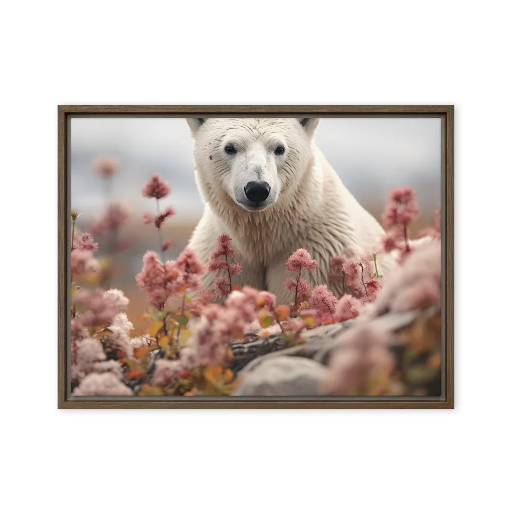 Curiosity Among Blooms: The Polar Bear | Canvas with Brown Frame | 18″×24″