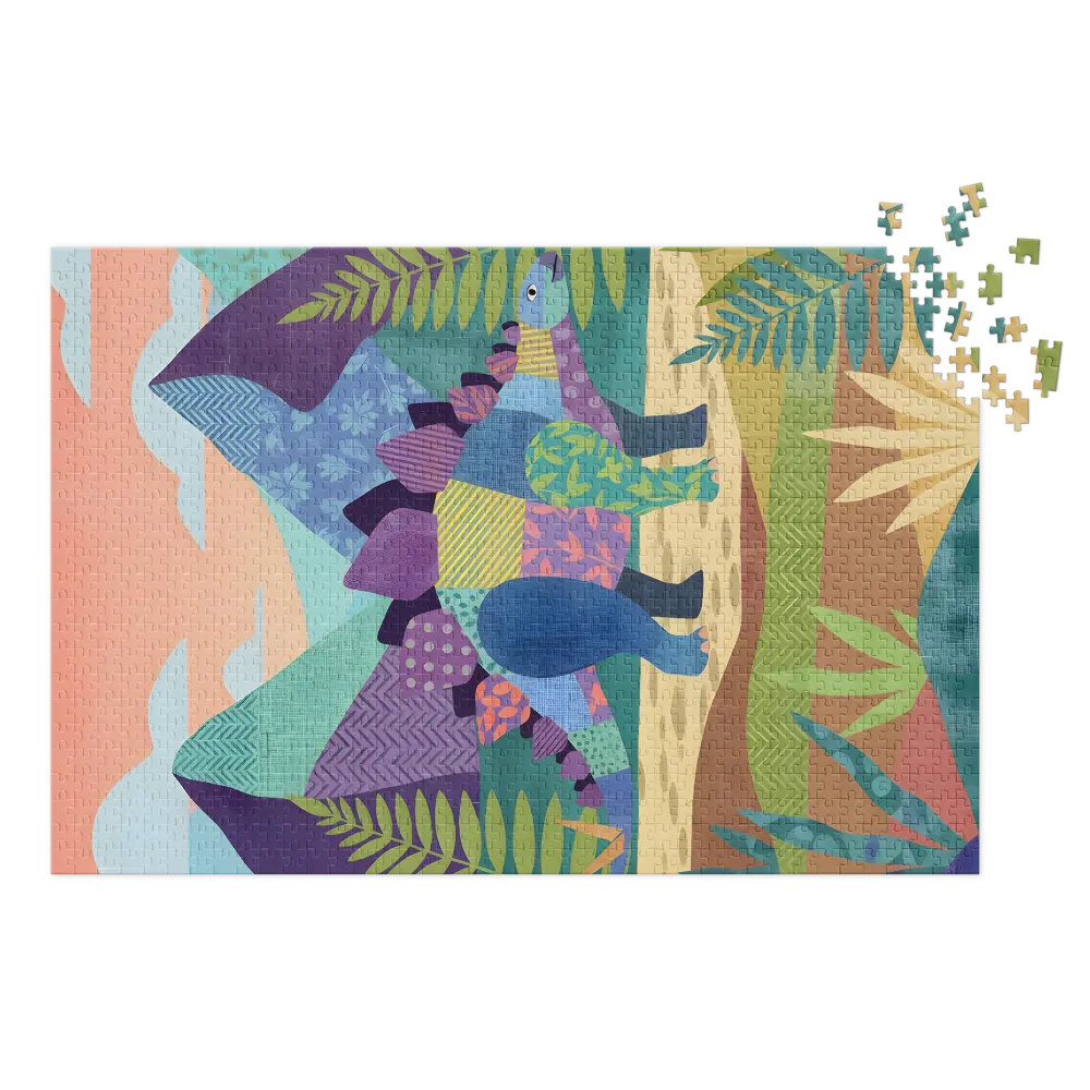 Playful Patchwork Stegosaurus 
 Jigsaw Puzzle in Tin Box
