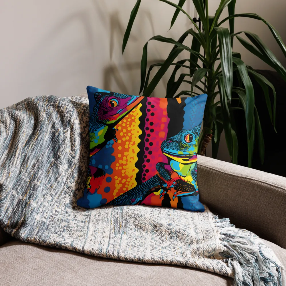 Colorful Encounters: The Playful Geckos | Pillow | 18″×18″