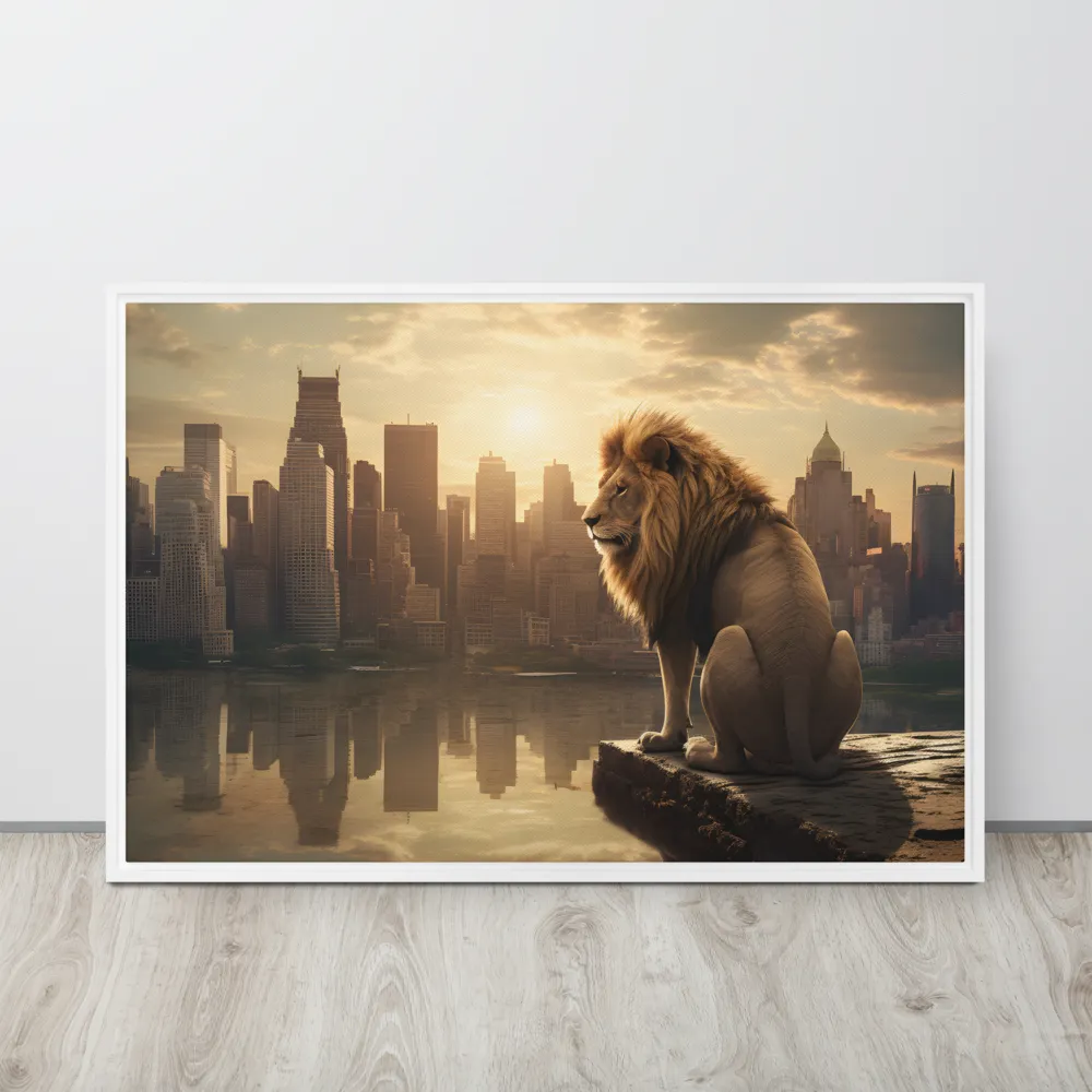 The Lion's Gaze Over the Urban Symphony | Canvas with White Frame | 24″×36″