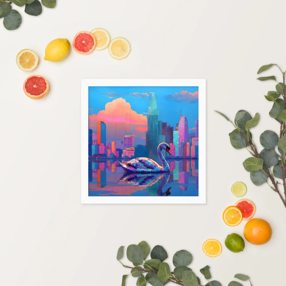 Neon Swan Skyline 
 Poster with White Frame | 14″x 14″