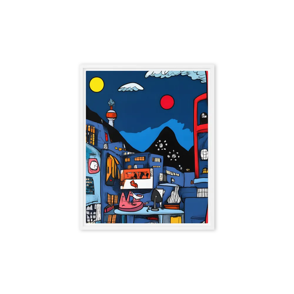 Whimsical Cityscape at Night | Canvas with White Frame | 8″×10″