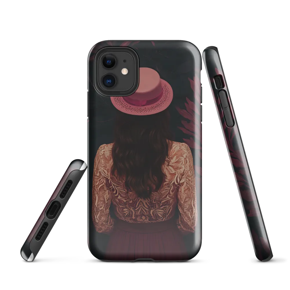 Woman with Pink Hat Among Burgundy Leaves