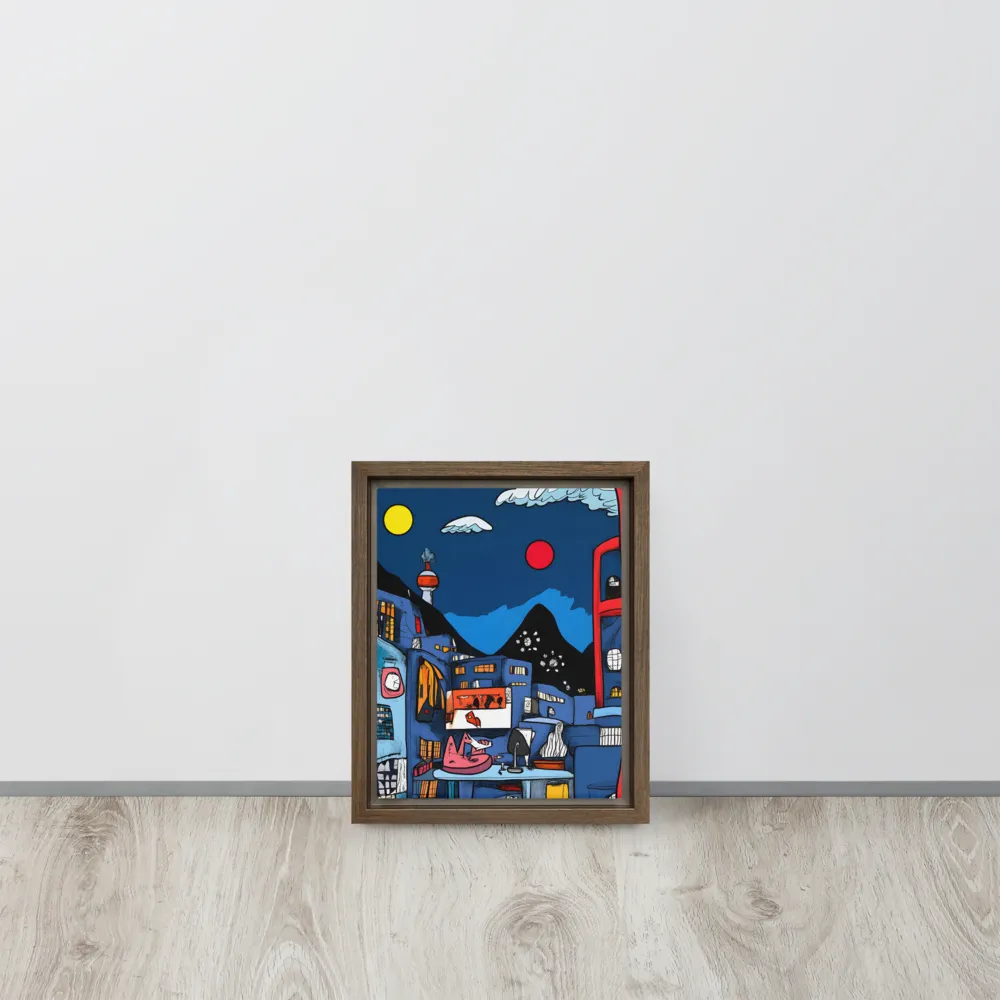 Whimsical Cityscape at Night | Canvas with Brown Frame | 8″×10″