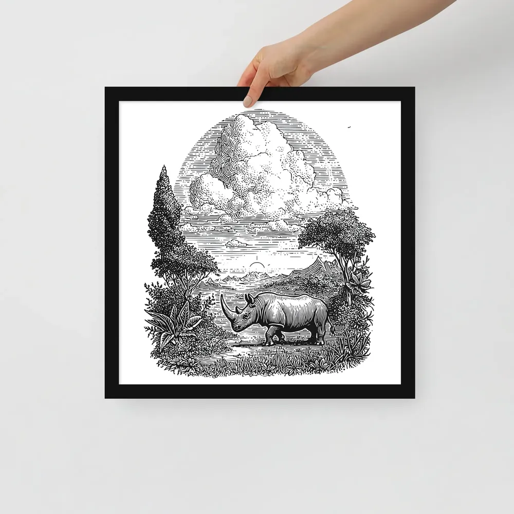 Rhinoceros Engraving 
 Poster with Black Frame | 16″x 16″