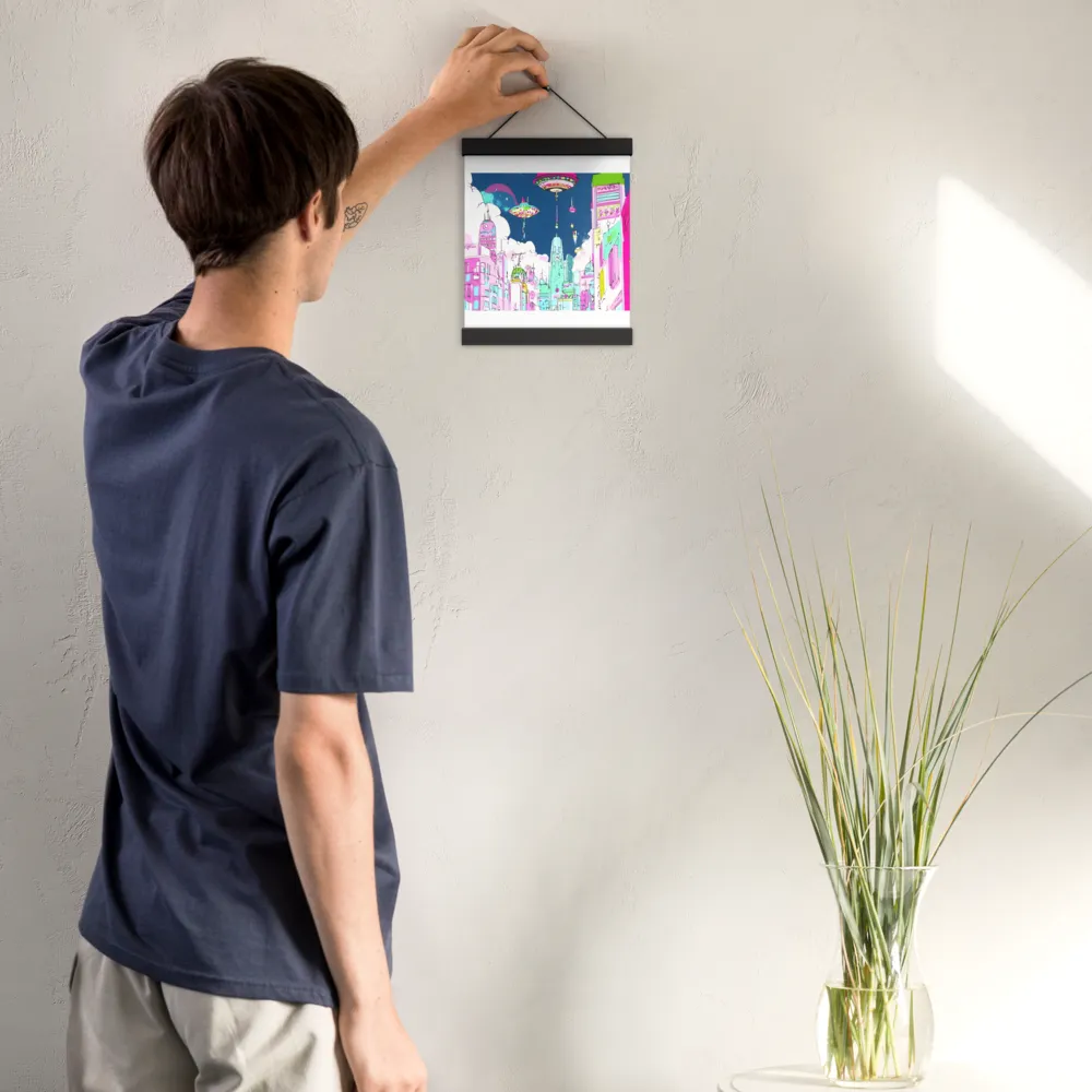 Futuristic Cityscape with Floating Structures | Poster With Black Wood Hanger | 8″×10″