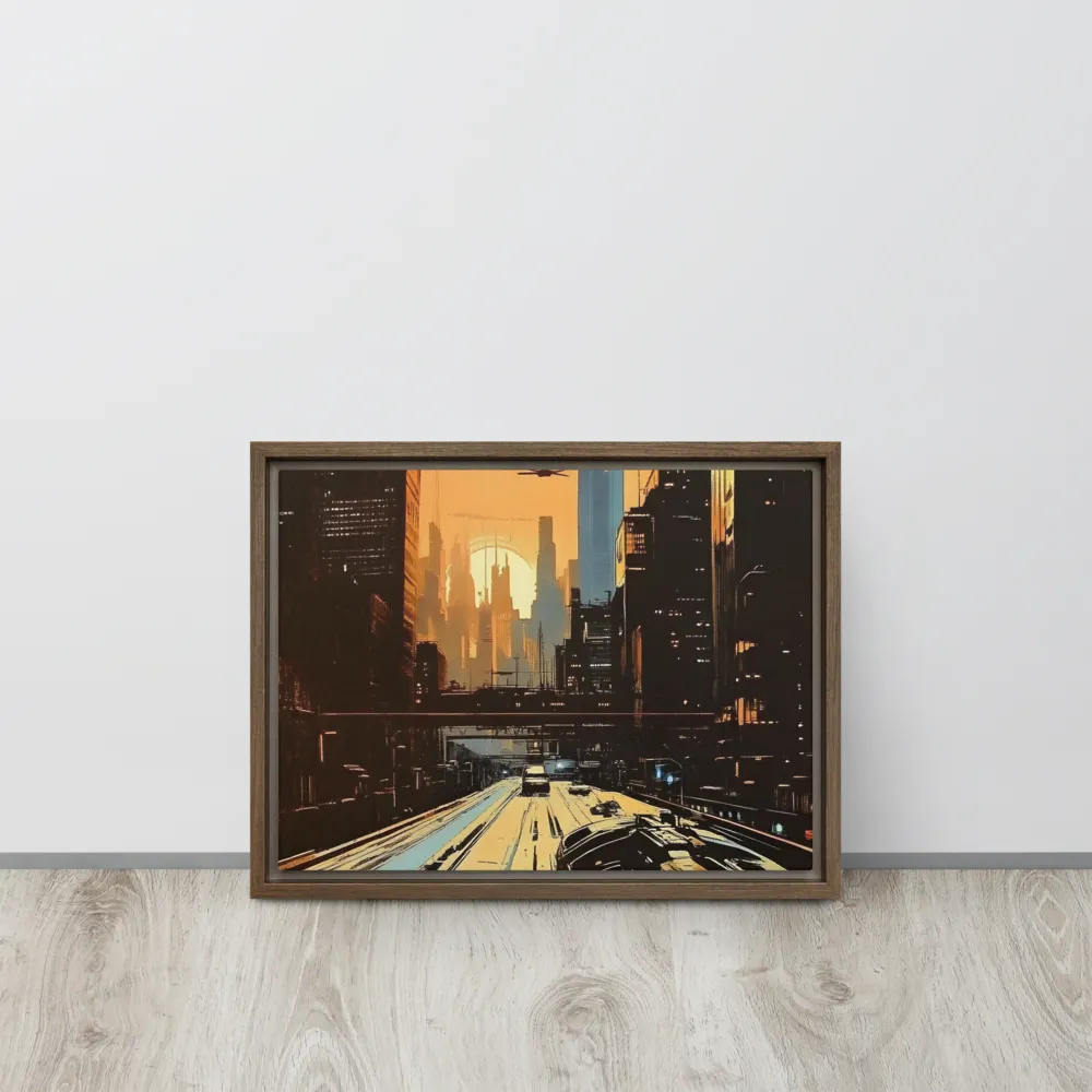 Metro Nexus: A Futuristic Cityscape | Canvas with Brown Frame | 12″×16″