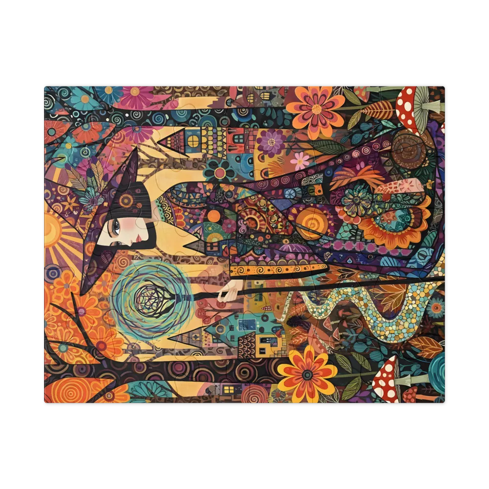 Mosaic Forest Witch 
 Jigsaw Puzzle in Tin Box