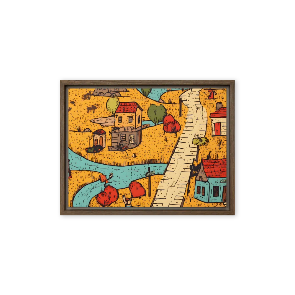 Whimsical Village Landscape | Canvas with Brown Frame | 12″×16″