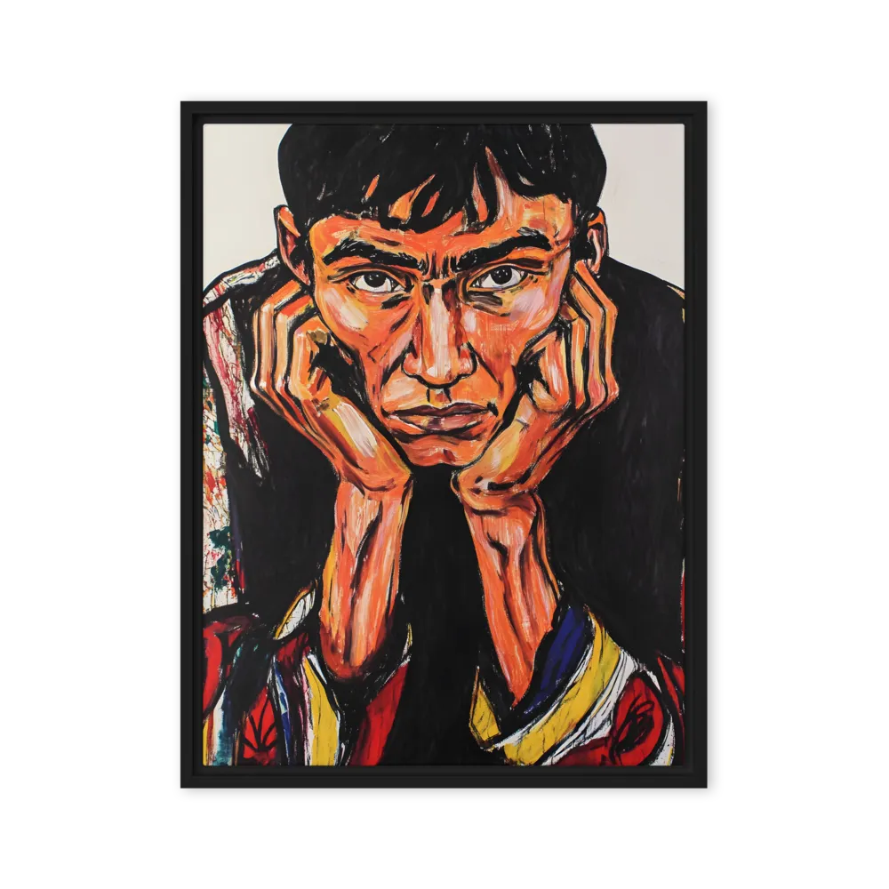 Contemplative Intensity: An Expressionist Portrait | Canvas with Black Frame | 24″×32″