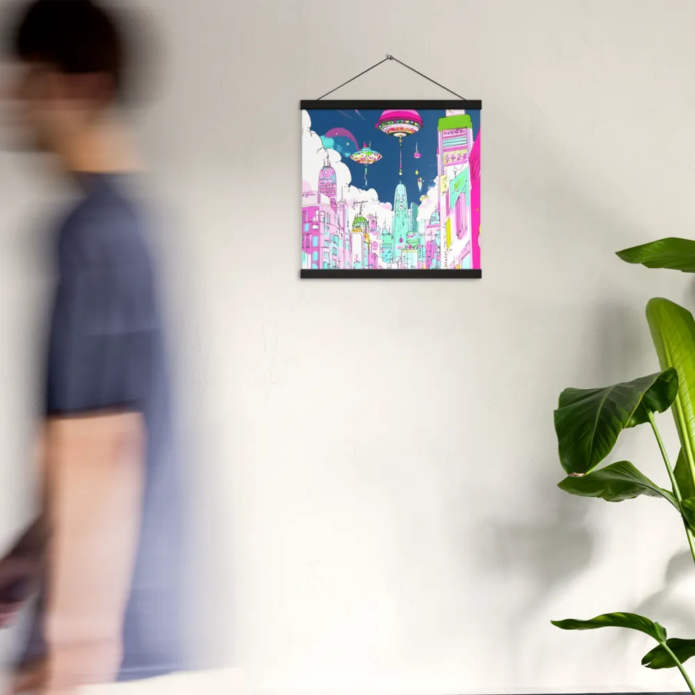 Futuristic Cityscape with Floating Structures | Poster With Black Wood Hanger | 16″×16″