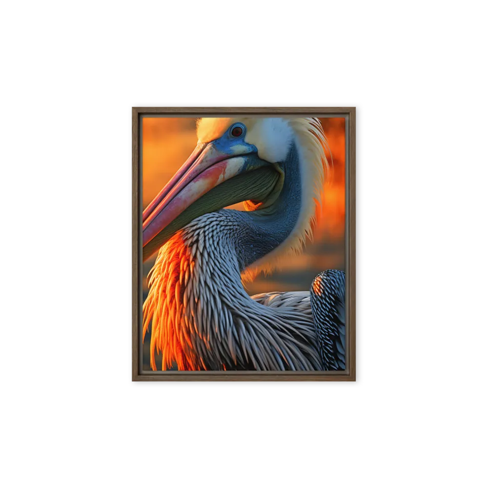 Elegance of the Pelican at Sunset | Canvas with Brown Frame | 8″×10″