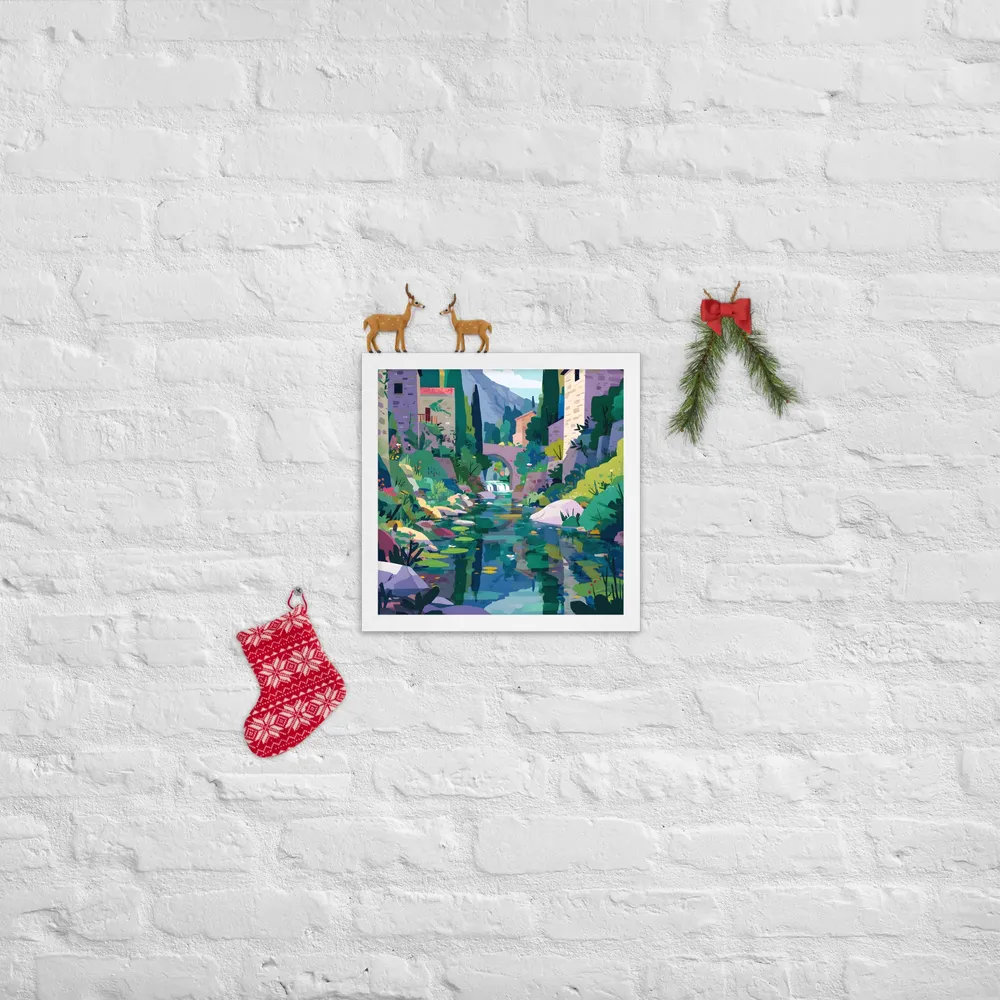 Mountain Village Stream 
 Poster with White Frame | 14″x 14″