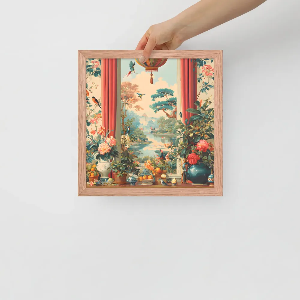 Window to the Garden 
 Poster with Red oak Frame | 12″x 12″