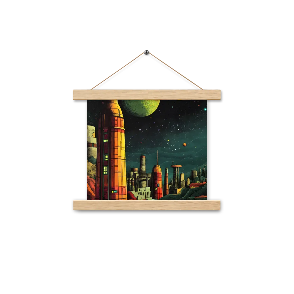 Cosmic Cityscape | Poster With Oak Wood Hanger | 10″×10″