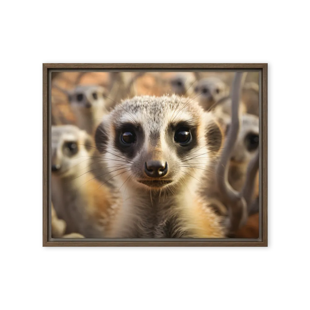 Curious Meerkats in Community | Canvas with Brown Frame | 16″×20″
