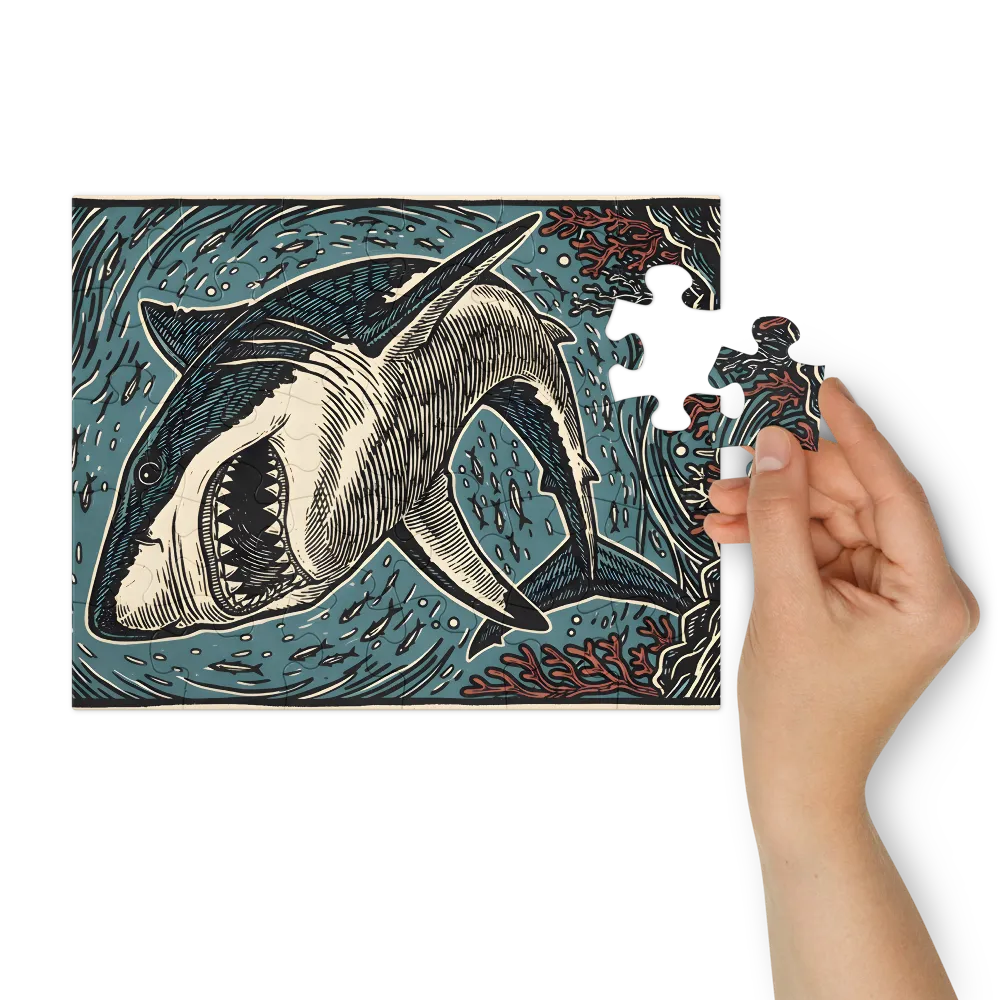 Great White Linocut 
 Jigsaw Puzzle in Tin Box