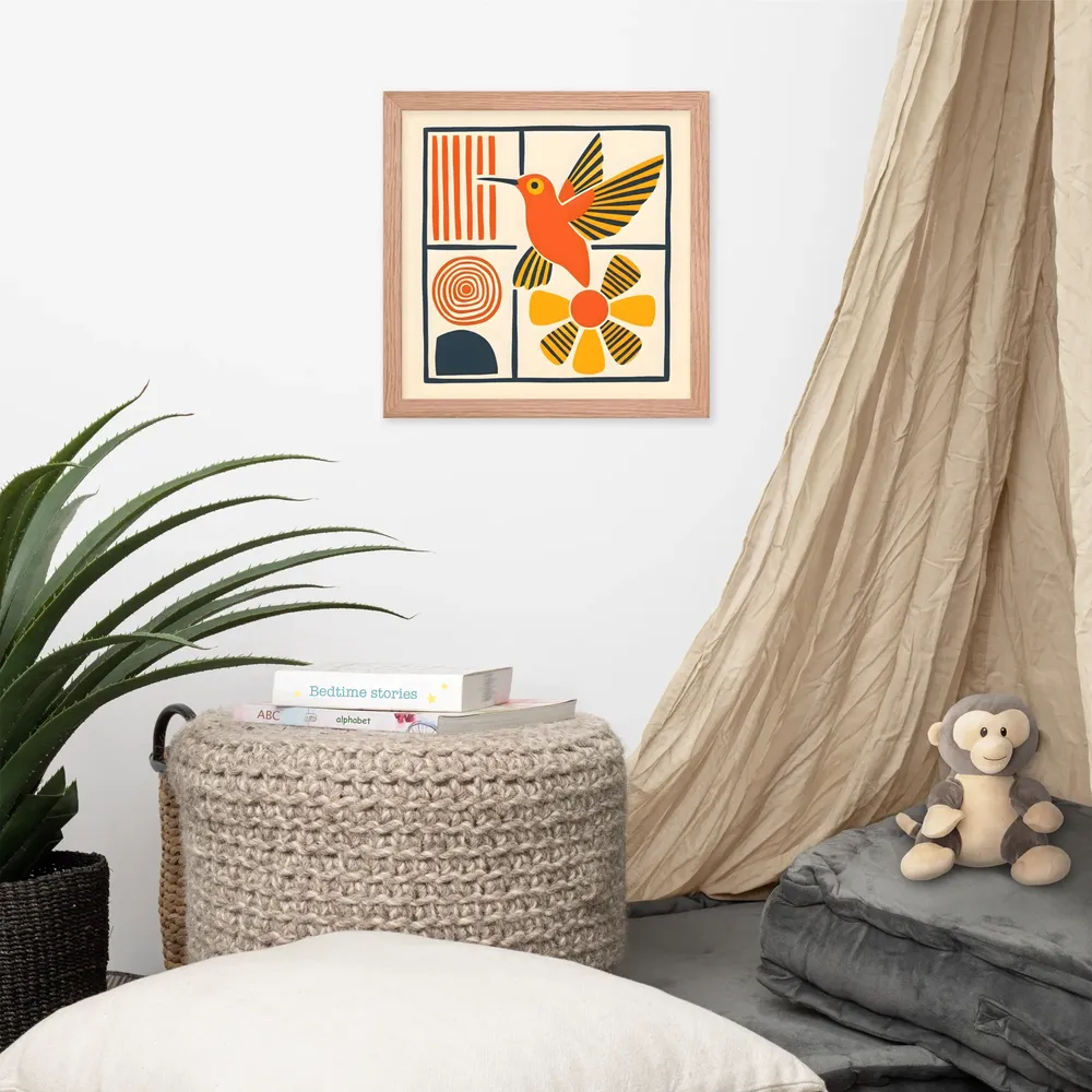 Hummingbird & Flower Panel 
 Poster with Red oak Frame | 14″x 14″