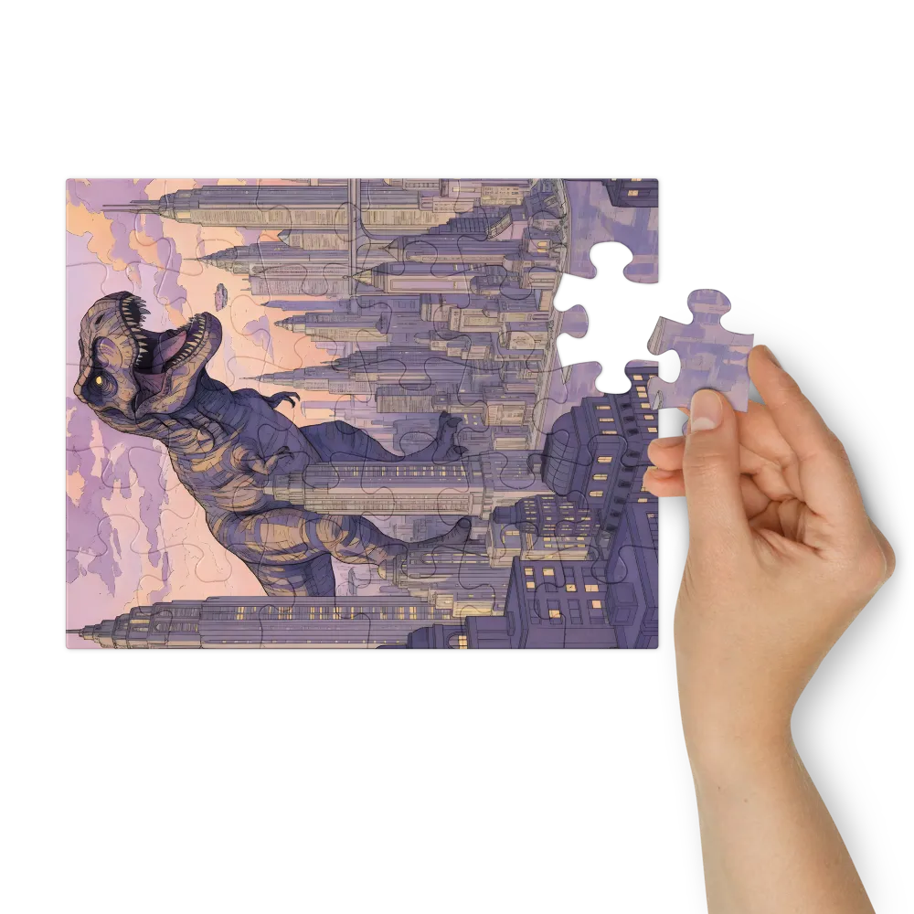Twilight Tyrant — T. rex Cityscape 
 Jigsaw Puzzle in Tin Box