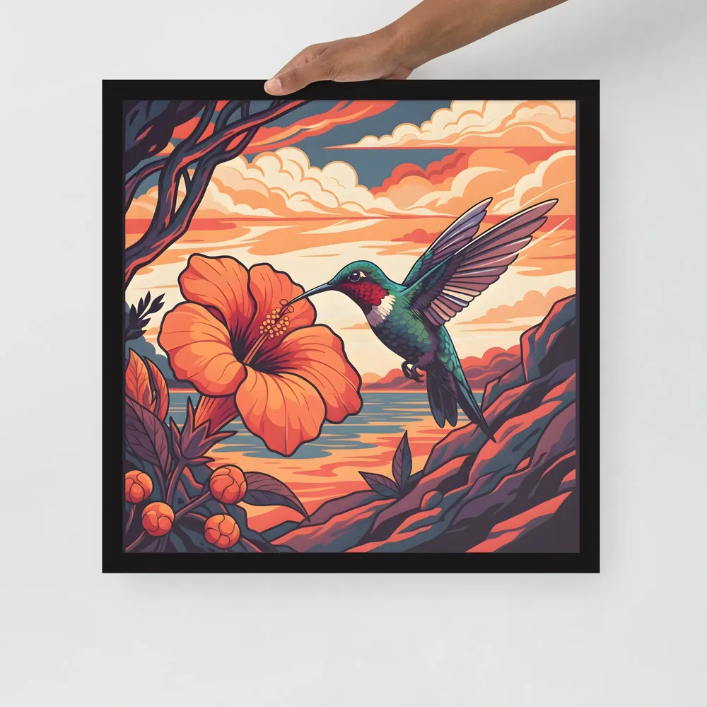 Hummingbird and Hibiscus 
 Poster with Black Frame | 18″x 18″