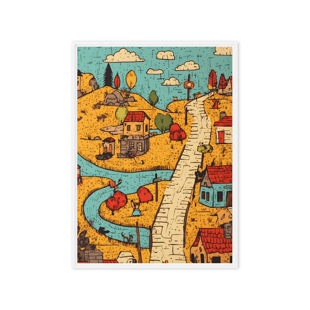 Whimsical Village Landscape | Canvas with White Frame | 20″×28″