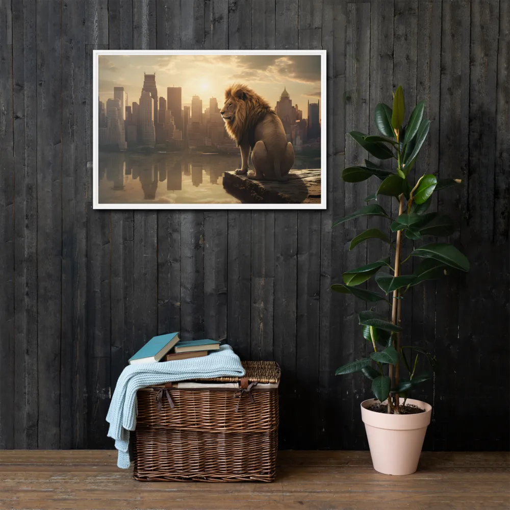 The Lion's Gaze Over the Urban Symphony | Canvas with White Frame | 24″×36″