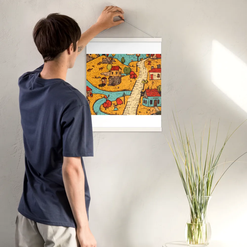 Whimsical Village Landscape | Poster With White Wood Hanger | 16″×20″
