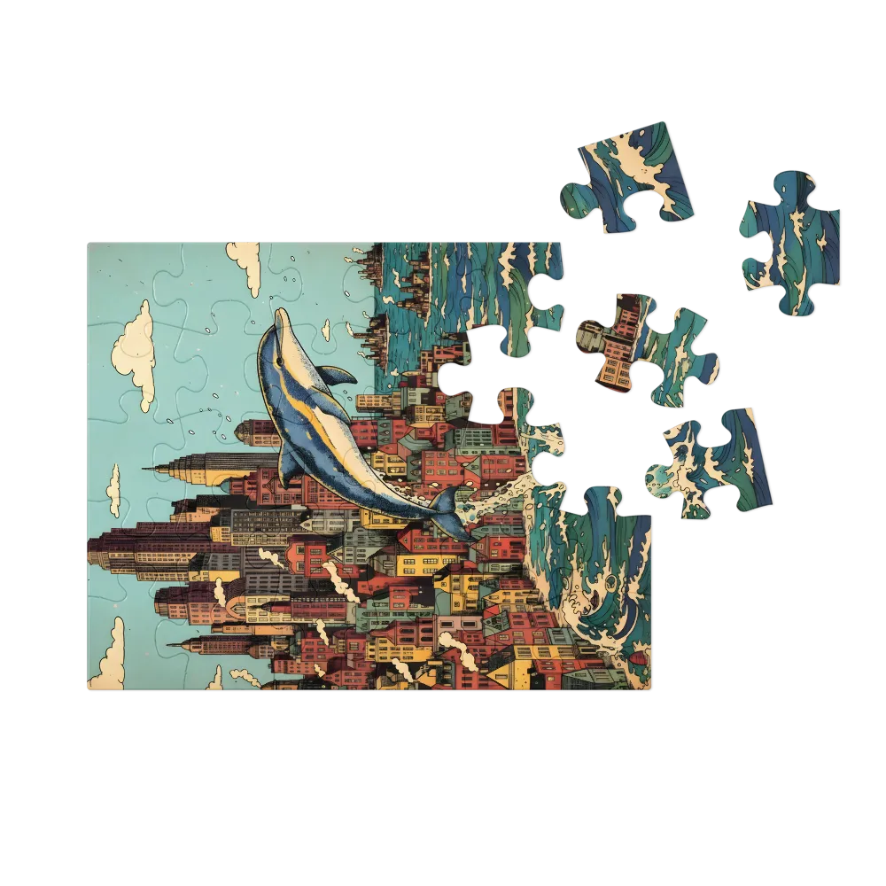 Dolphin Over City 
 Jigsaw Puzzle in Tin Box