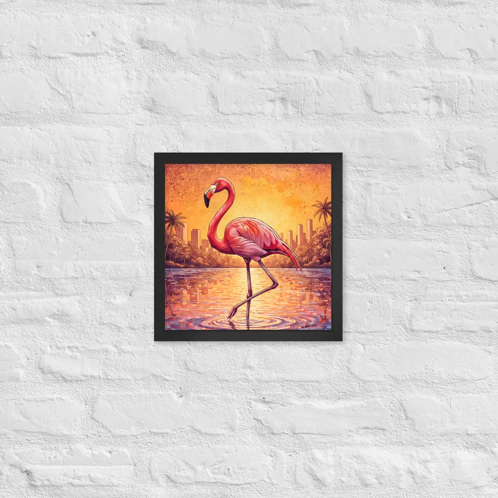 Sunset Mosaic Flamingo 
 Poster with Black Frame | 12″x 12″