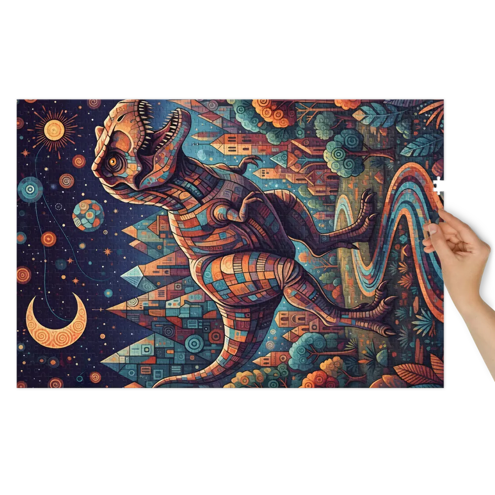 Stained Glass Dinosaur City 
 Jigsaw Puzzle in Tin Box