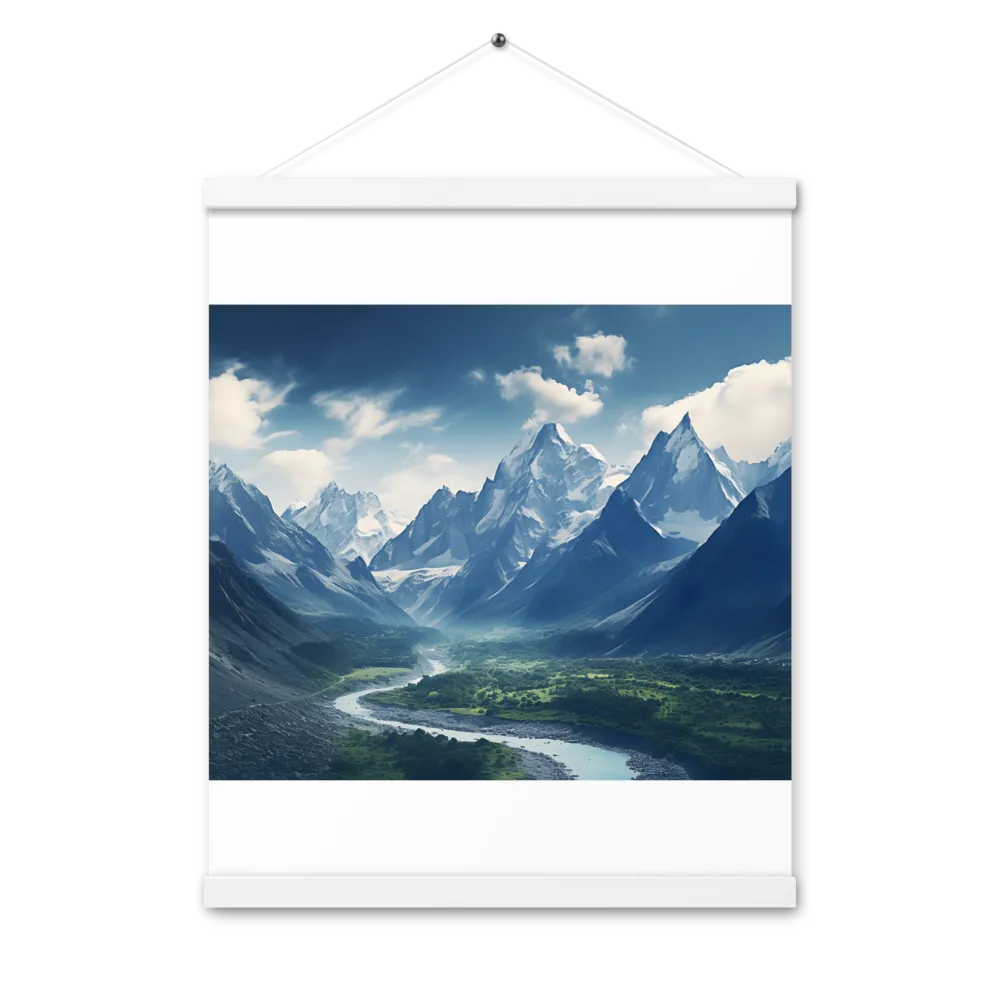 Majestic Serenity: A Landscape of Mountains and Rivers | Poster With White Wood Hanger | 16″×20″