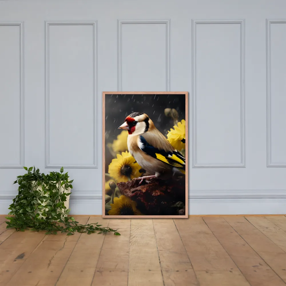 Harmony in Nature: A Goldfinch Amidst Blooms | Poster with Red oak Frame | 24″×36″