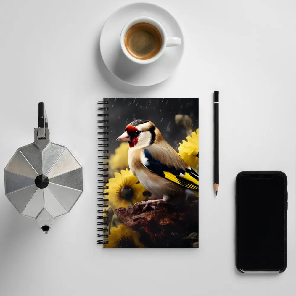 Harmony in Nature: A Goldfinch Amidst Blooms | Spiral Notebook