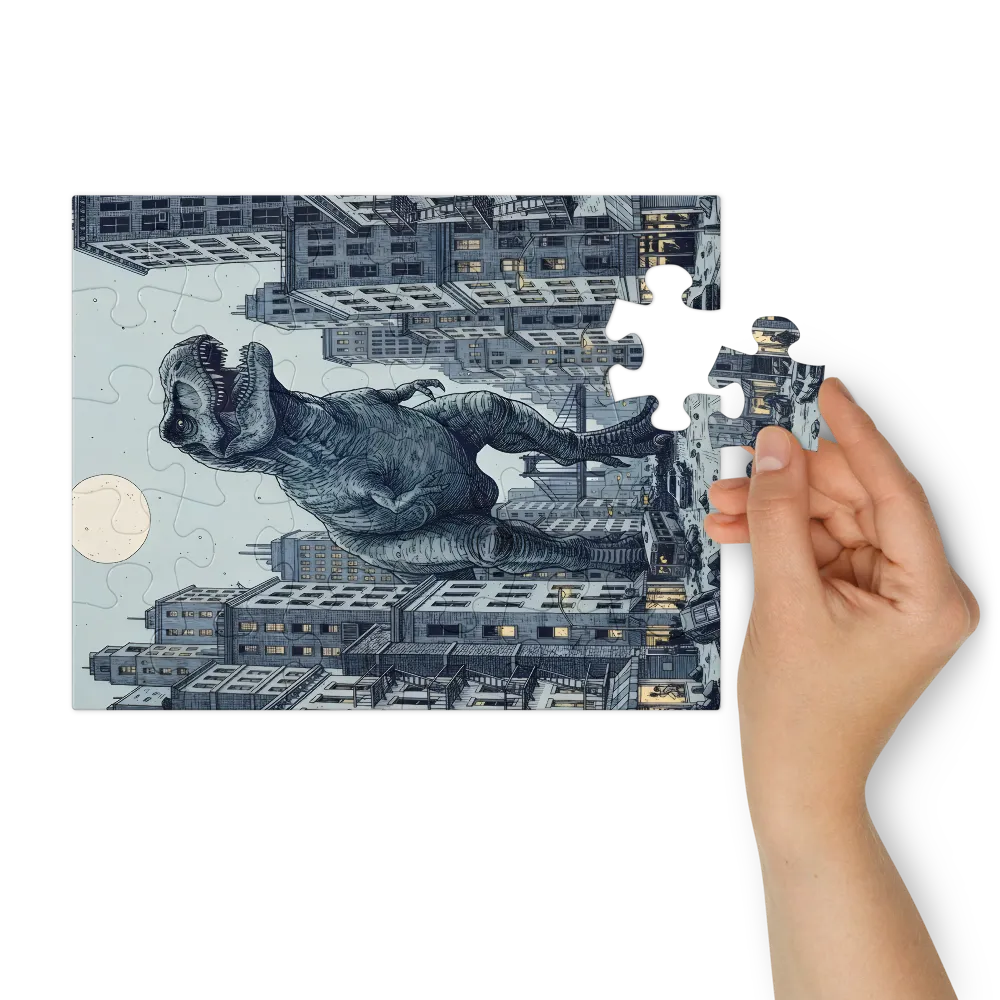 Tyrannosaurus in the City 
 Jigsaw Puzzle in Tin Box