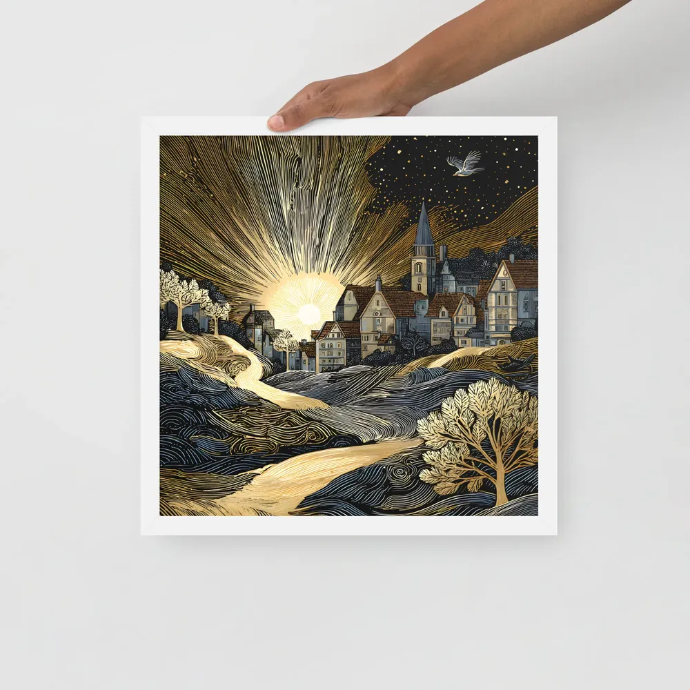 Golden Dawn Village 
 Poster with White Frame | 16″x 16″