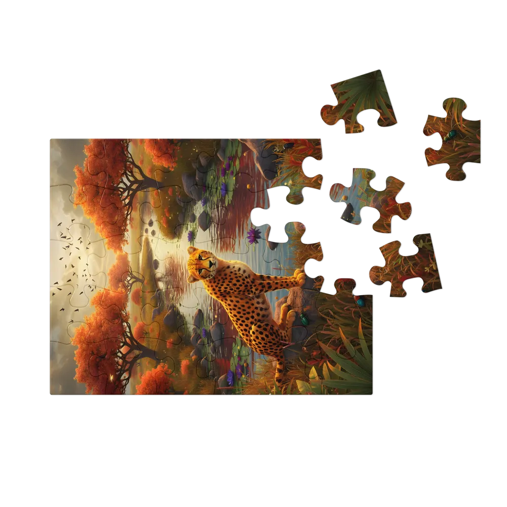Cheetah at the Autumn River 
 Jigsaw Puzzle in Tin Box