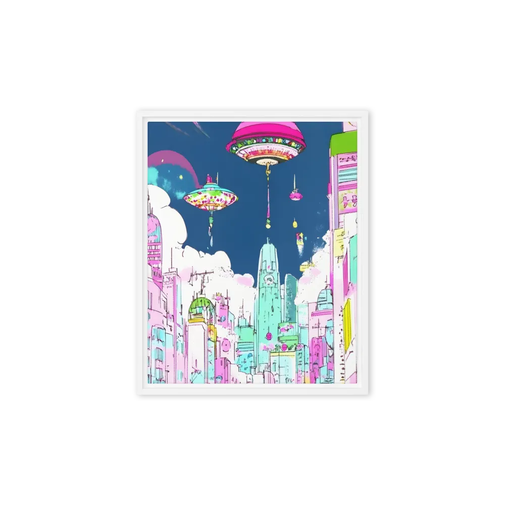 Futuristic Cityscape with Floating Structures | Canvas with White Frame | 8″×10″