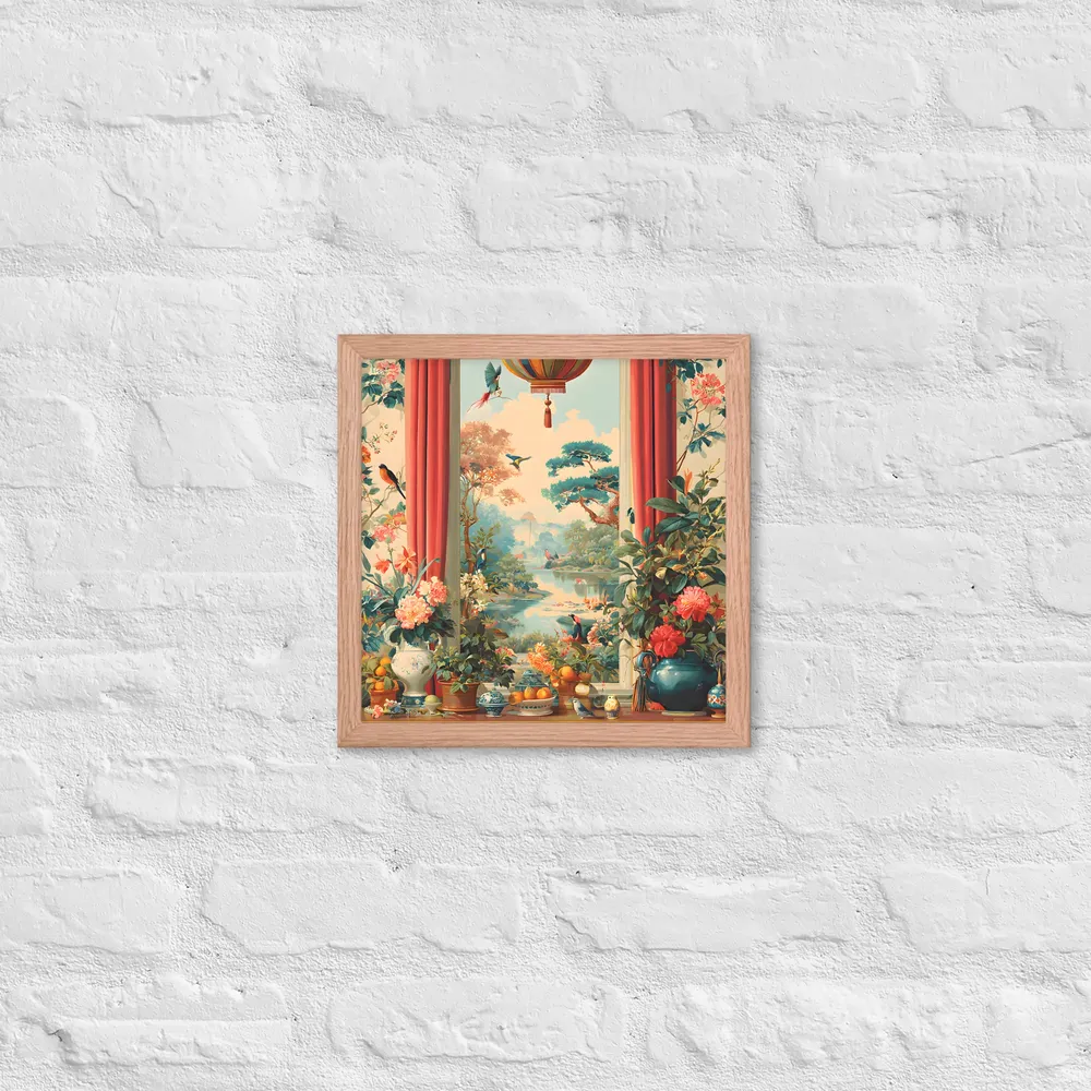 Window to the Garden 
 Poster with Red oak Frame | 12″x 12″
