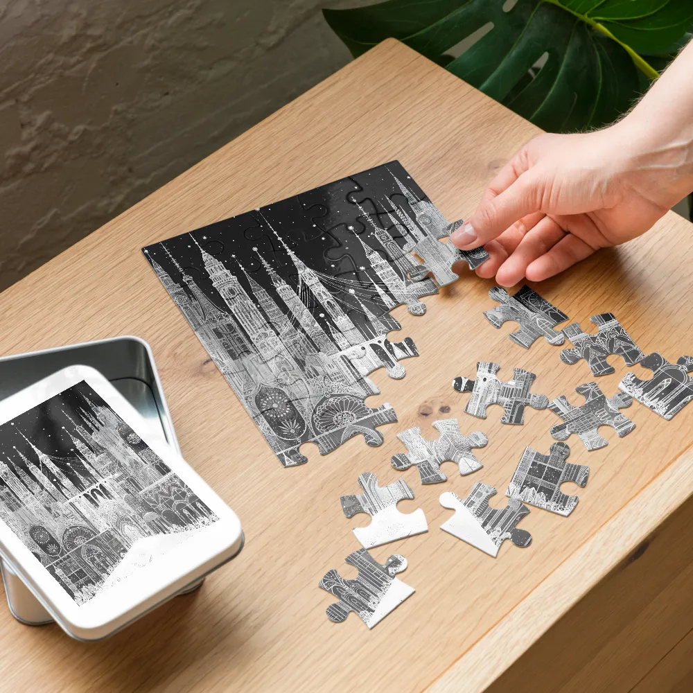 Stippled Gothic Cityscape 
 Jigsaw Puzzle in Tin Box