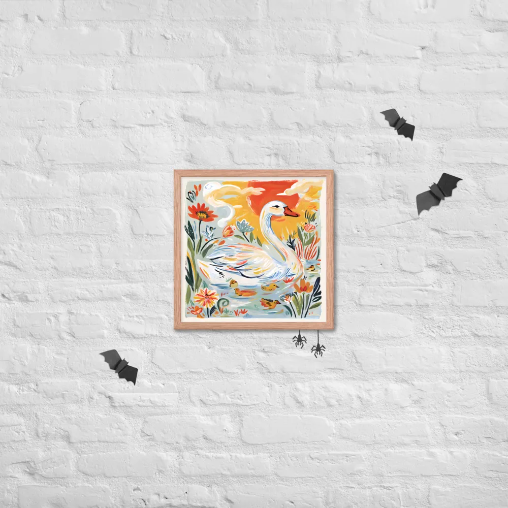 Swan and Ducklings 
 Poster with Red oak Frame | 16″x 16″